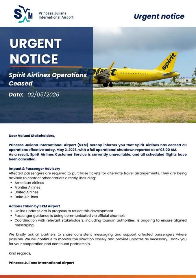 Avis de l'aeroport SXM sur l'arret des operations Spirit Airlines