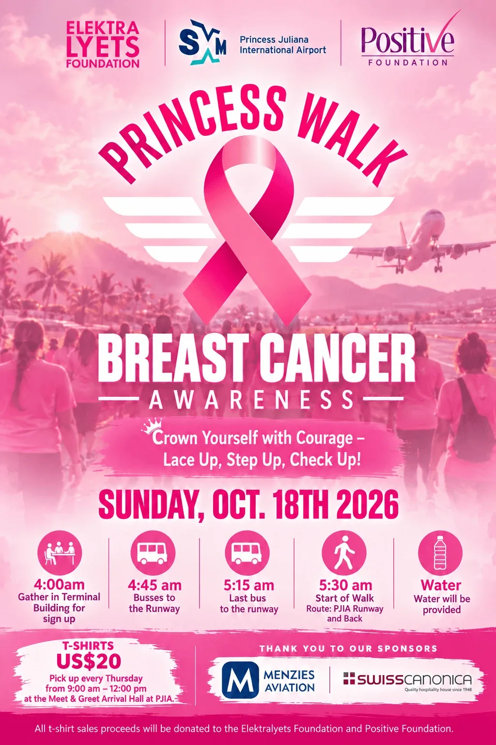 Princess Walk : marche rose sur la piste de l'aéroport Princess Juliana