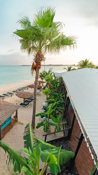 Transats et facade de Mary's Boon sur la plage de Simpson Bay