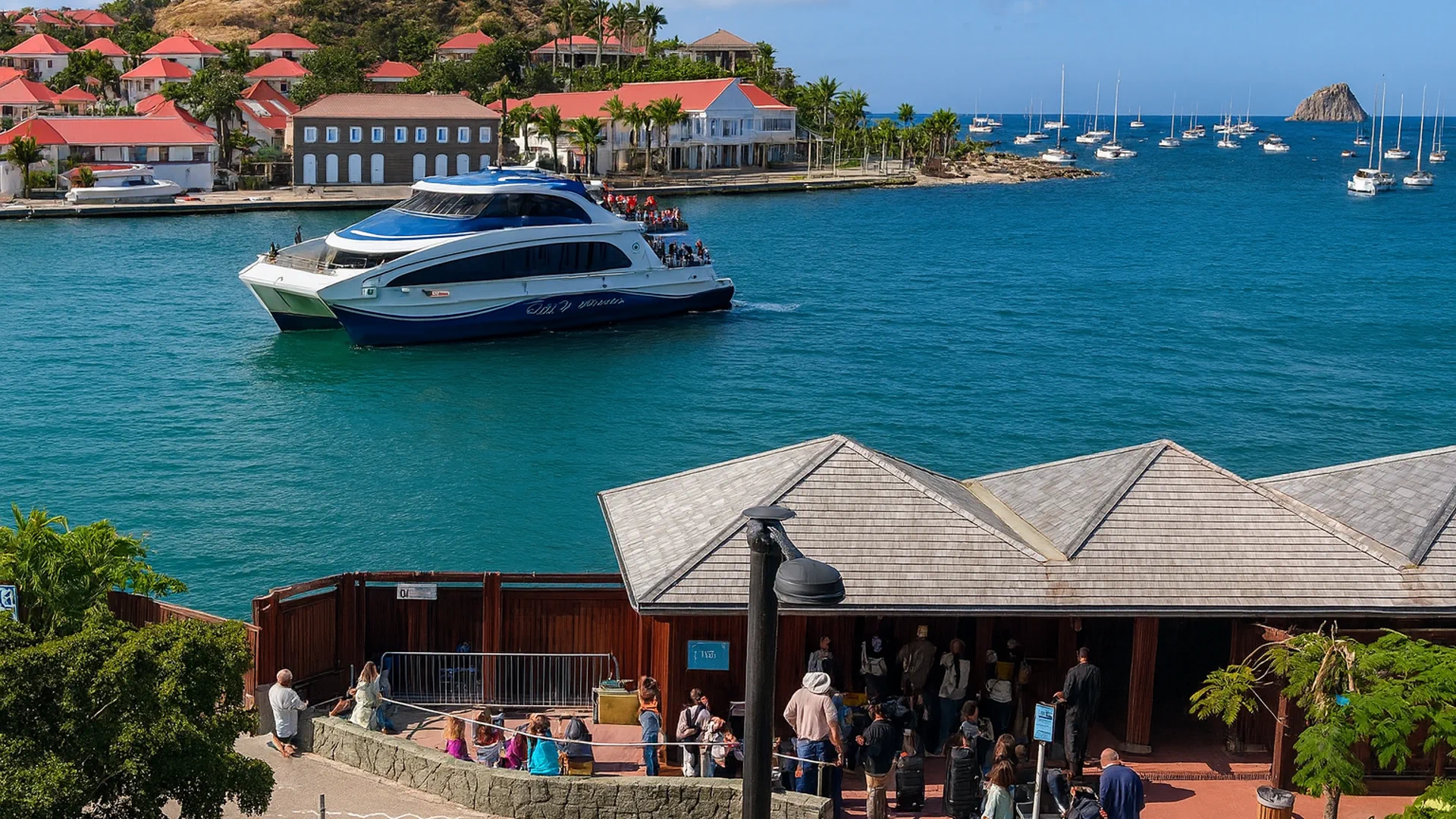 Ferry naviguant sur les eaux turquoise de Saint-Martin
