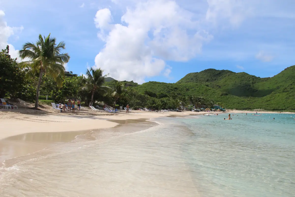 Sable clair et collines vertes autour de la plage d'Anse Marcel