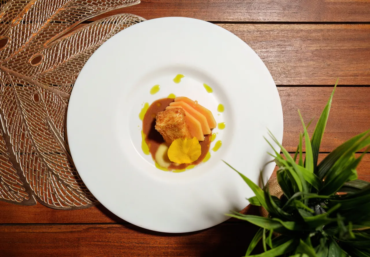 Assiette gastronomique vue de dessus à 978 Sanctorum, dressage minimaliste sur table en bois