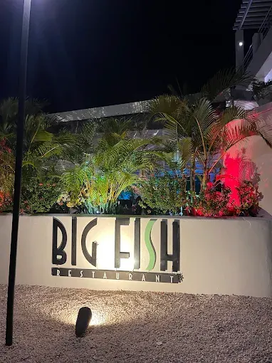 Big Fish Seafood Grill - façade éclairée et jardin tropical de nuit
