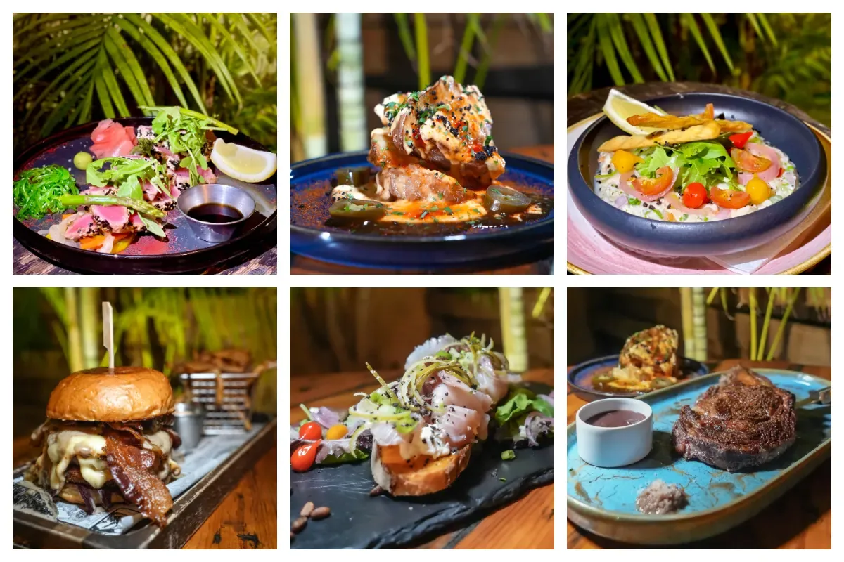 Plat bistro français de Blue Martini : burger maison et frites servis en terrasse