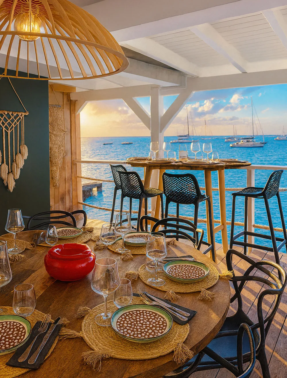 Terrasse en bois de Korner SXM à Grand Case avec table dressée et vue sur les yachts au coucher du soleil