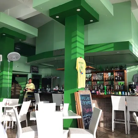 Lazy Lizard - salle ouverte et bar intérieur aux couleurs vertes