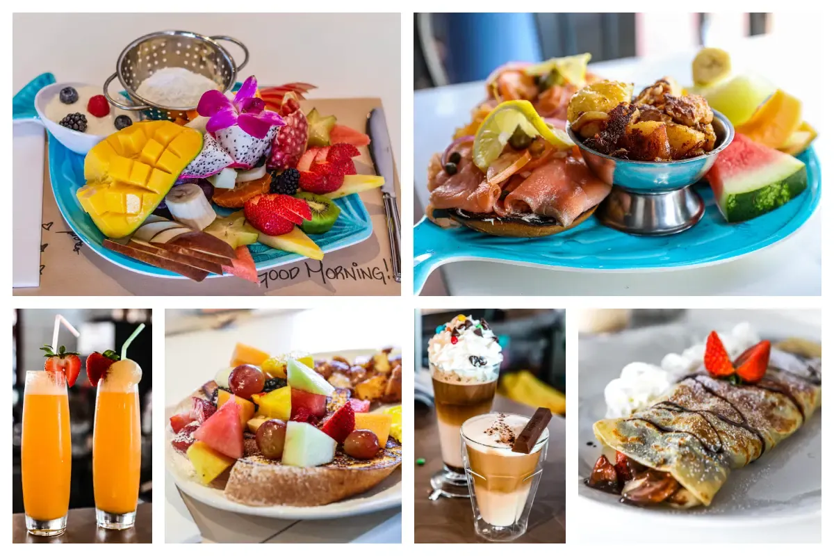 Réveil Matin SXM - sélection brunch avec crêpes, café, jus et assiettes déjeuner