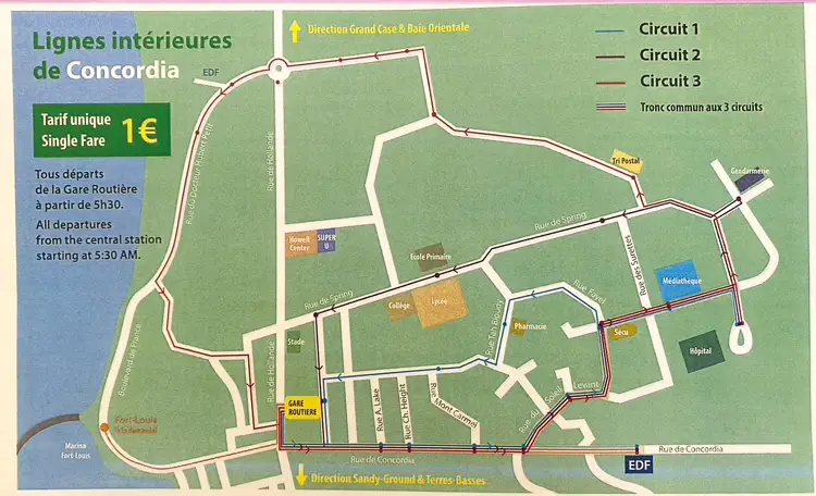 Plan des trois circuits de bus de Concordia au départ de la gare routière de Marigot