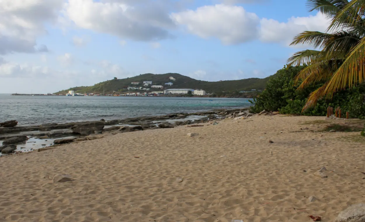 Rivage sableux de Galisbay avec palmiers et vue vers Marigot