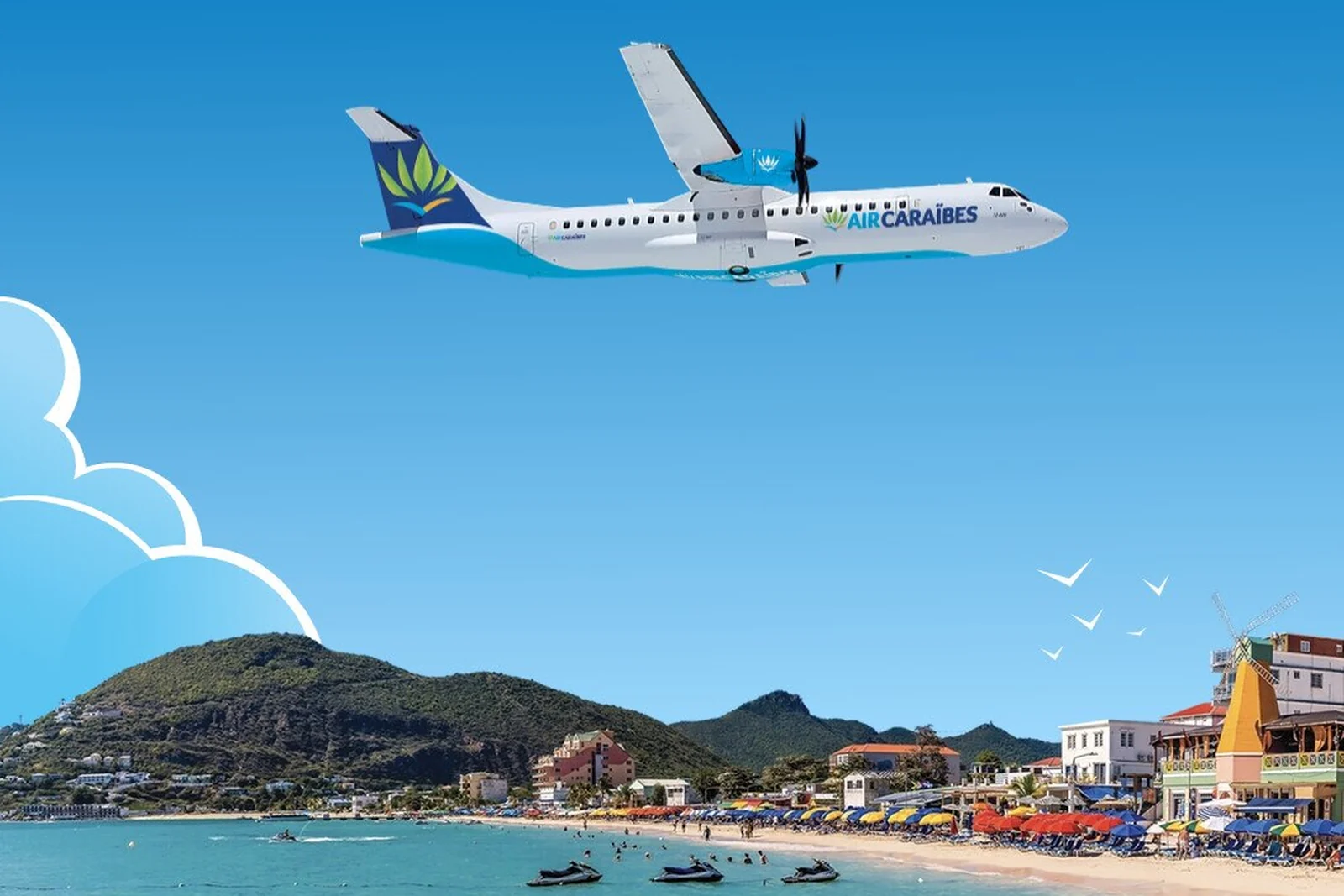 ATR 72-600 aux couleurs d'Air Caraïbes au-dessus de la baie de Philipsburg à Saint-Martin