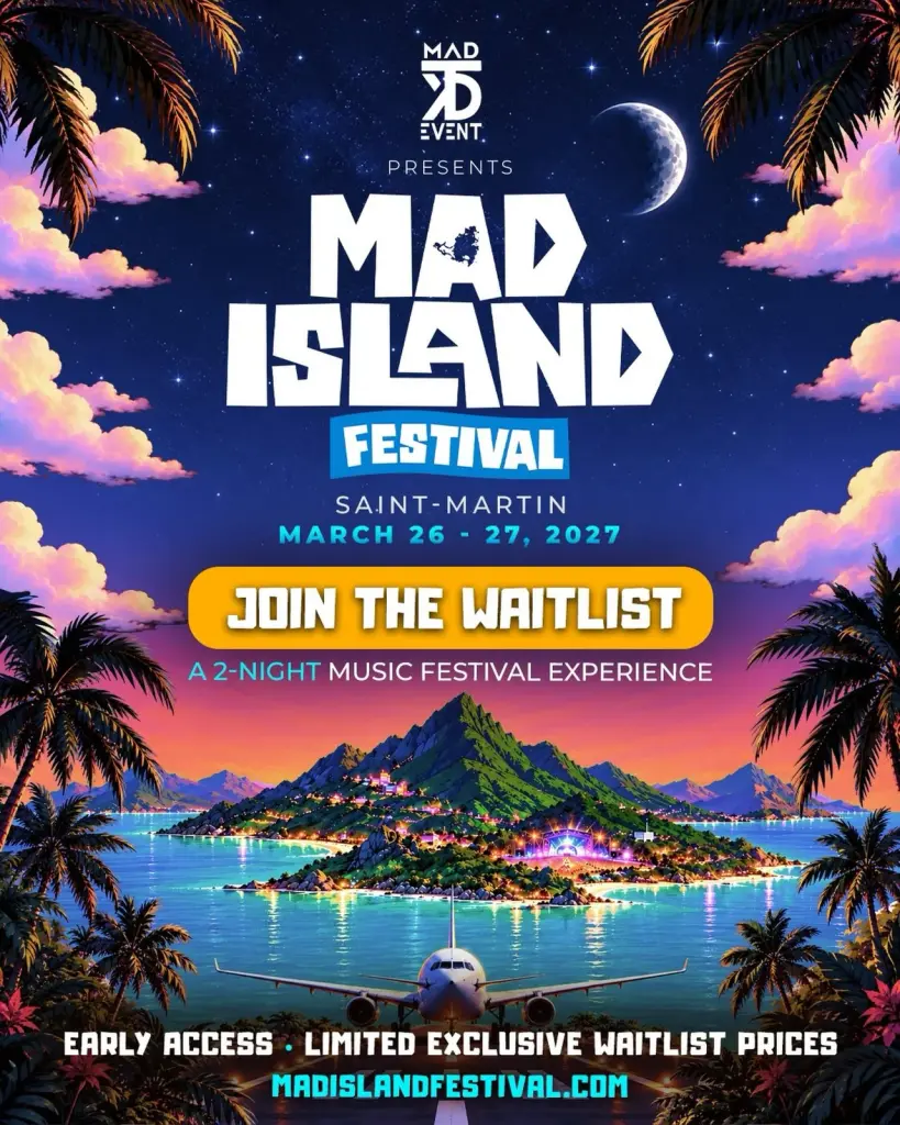 Affiche du MAD Island Festival 2027 à Saint-Martin les 26 et 27 mars, avec une île illuminée au crépuscule et l'appel à rejoindre la liste d'attente