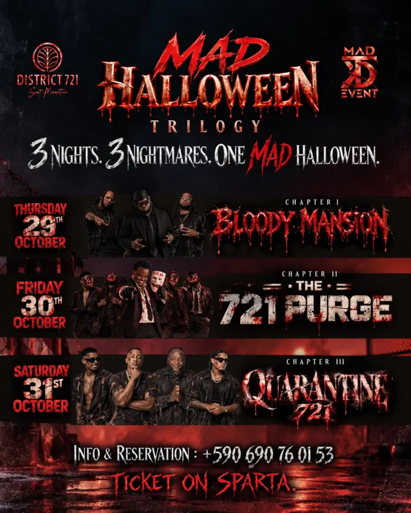 Affiche de la MAD Halloween Trilogy au District 721 présentant les trois chapitres, dont Quarantine 721 le samedi 31 octobre