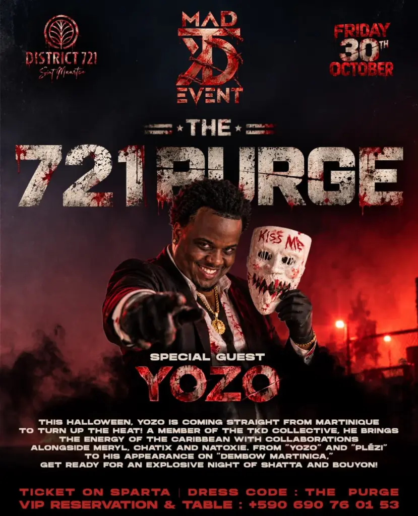 Affiche de The 721 Purge au District 721 le vendredi 30 octobre, avec l'artiste martiniquais YOZO tenant un masque